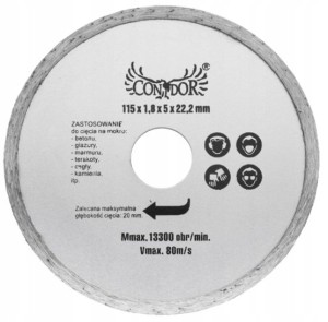 TARCZA DIAMENTOWA DO CIĘCIA NA MOKRO PEŁNA 115 mm